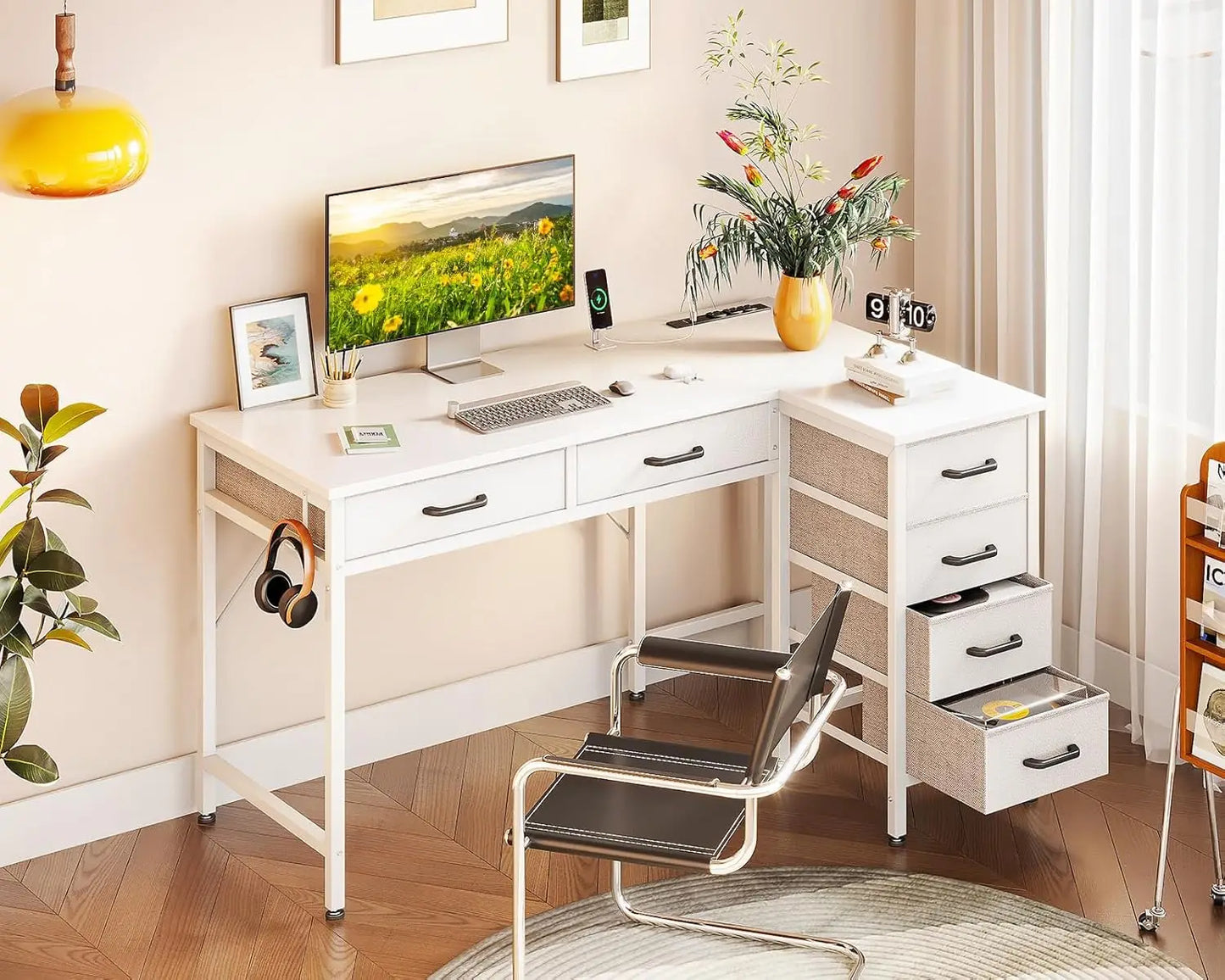 42 Inch L Shaped Desk with Drawers, Computer Desk with Power Outlets, Home Office Desk with 6 Drawers