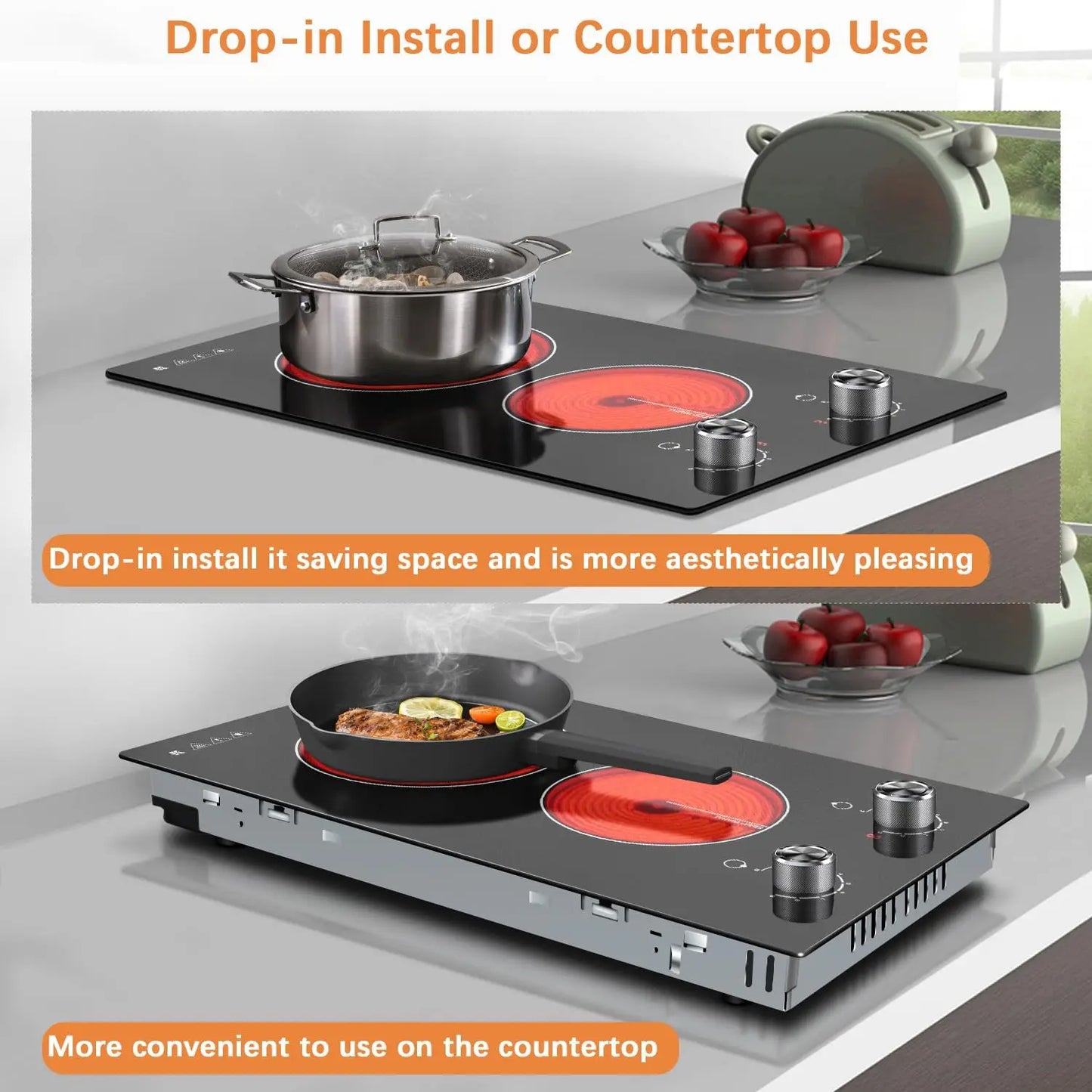 Karinear 110V Electric Ceramic Cooktop 2 Burners,12 Inch Knob Control Countertop & Built-in, 9 Heating Level, 2000W(Silver Knob)