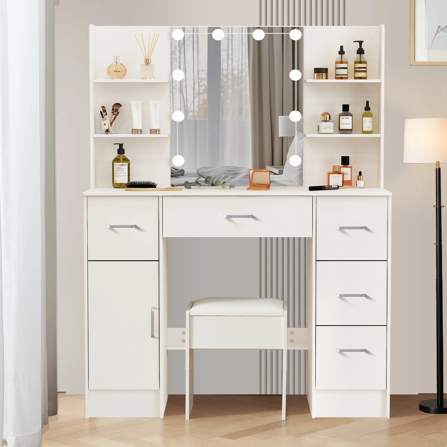 Teousev White Light Luxury LED Vanity Dressing Table with HD Mirror 5 Drawers & Stool 3 Color Dimmable Easy Assembly Makeup Desk