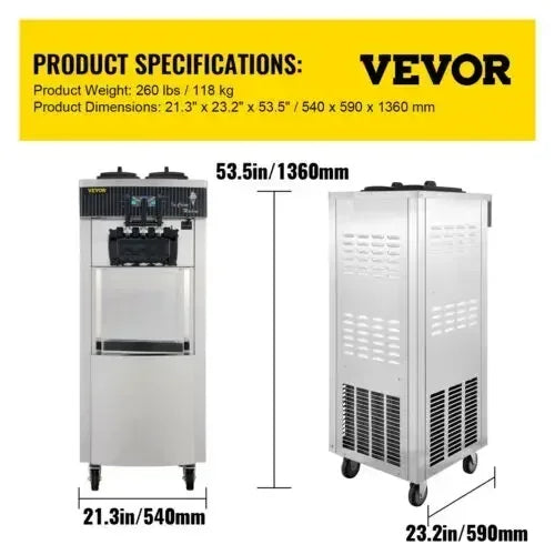 VEVOR 2200W Pre-cooling Commercial Soft Ice Cream Machine 3 Flavors Snack Shop Cafe 2+1 Flavors Vertical Soft Ice Cream Machine