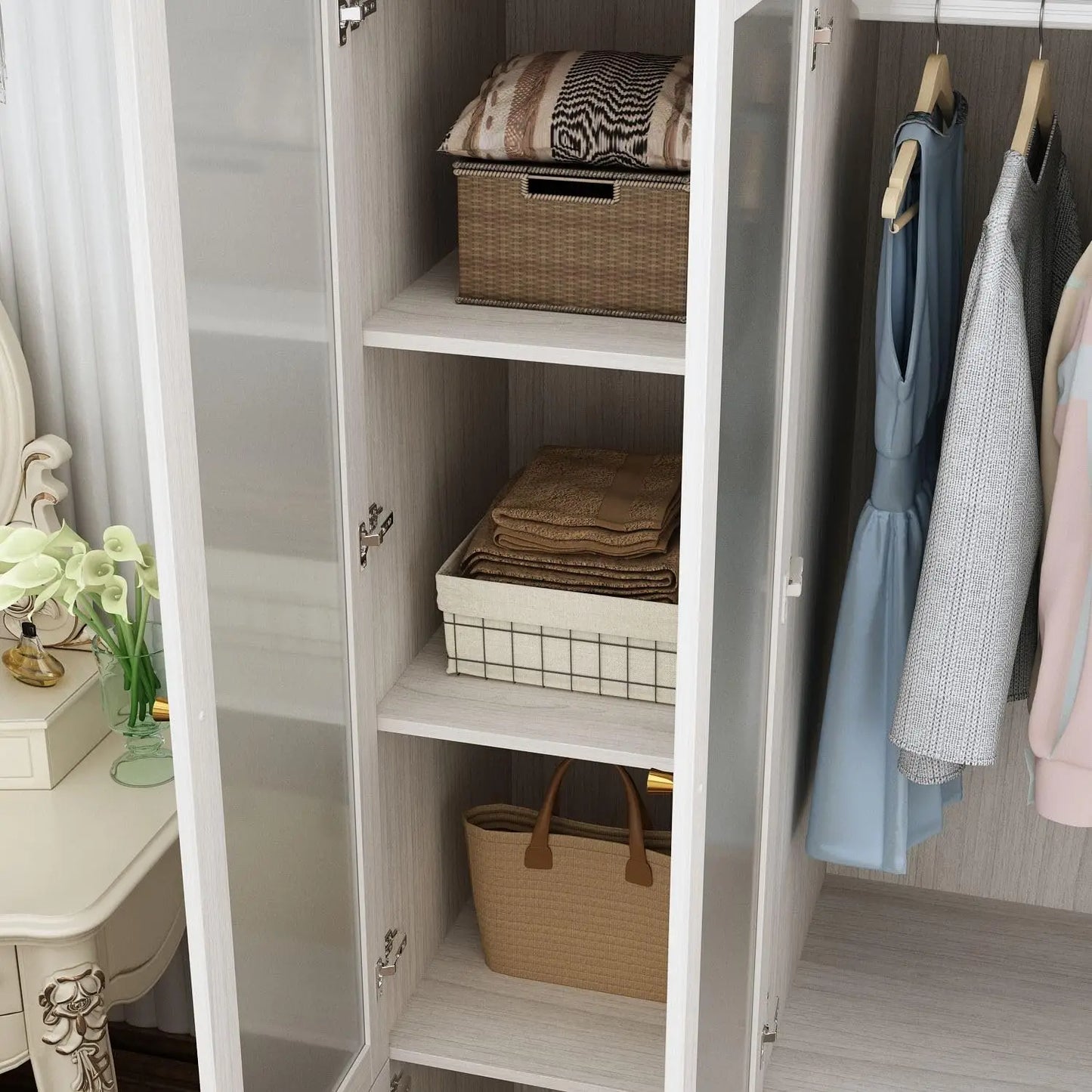 Wide Modern Bedroom Armoires with Frosted Glass Doors and Hanging Rod, Tall Wardrobe with Drawers, Large Armoire, Custom