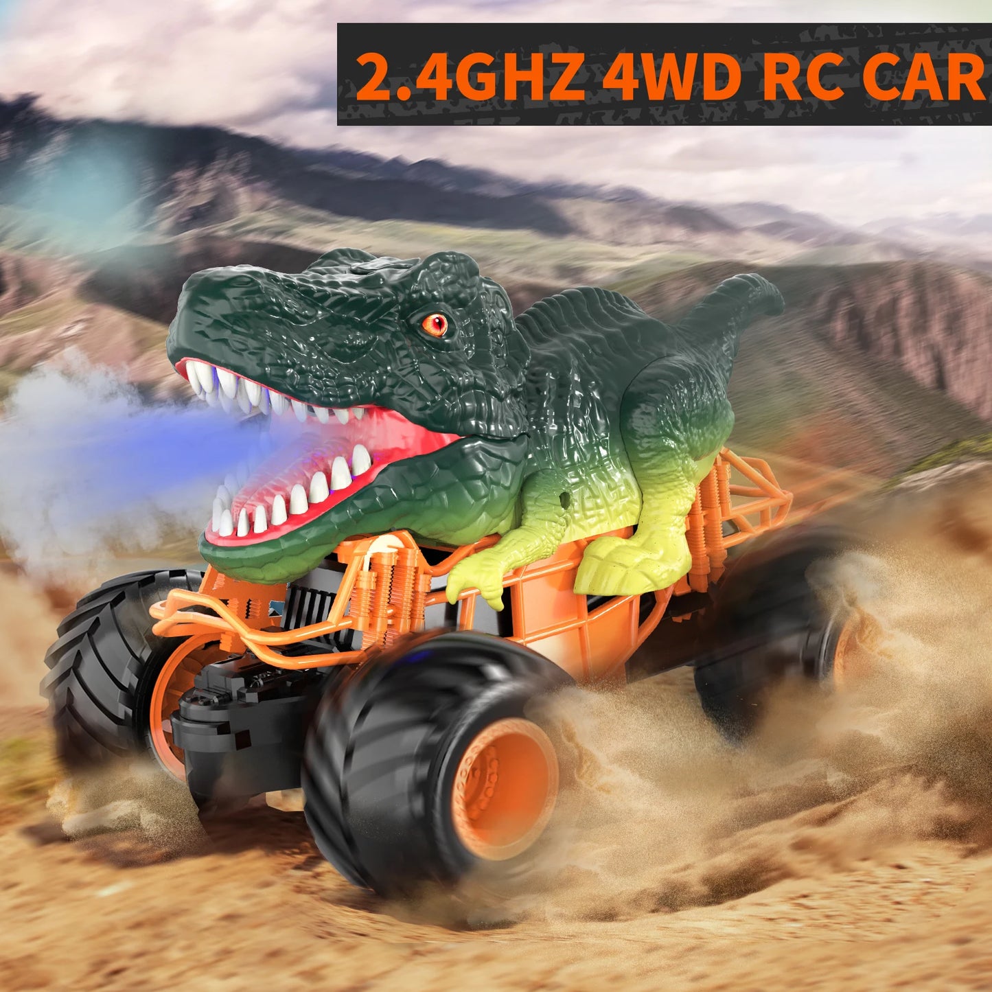 Remote Control Dinosaur Cars 2.4Ghz Rc Velociraptor Shaped Truck For 3-8 Kids Electric Car Toys Outdoor With Light & Sound Spray