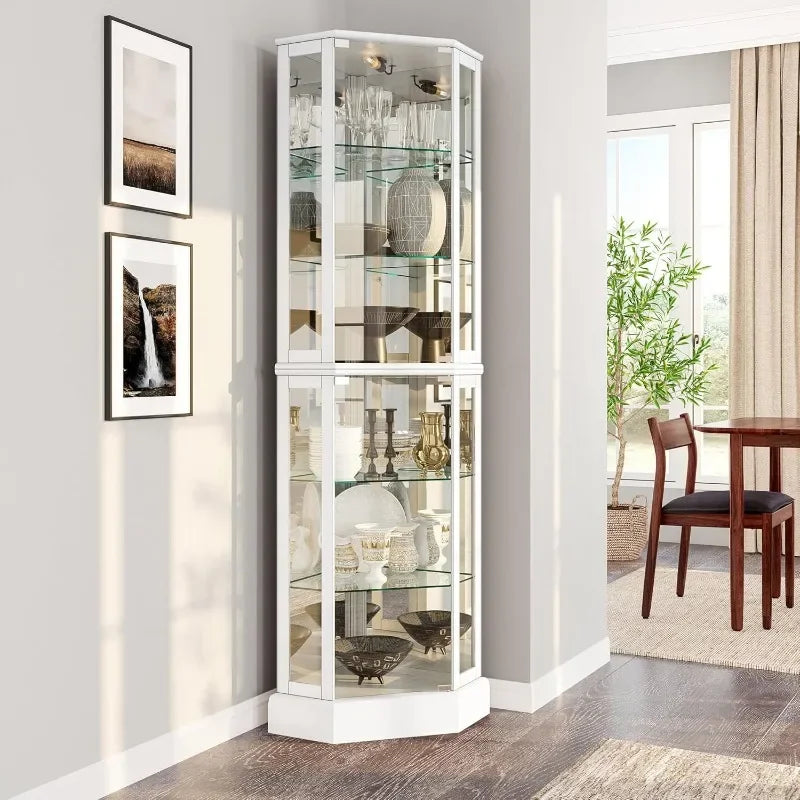 For girls Lighted 3-Side Glass Display Curio Cabinet with Tempered Glass Doors and Shelves, Corner Storage Rack - White