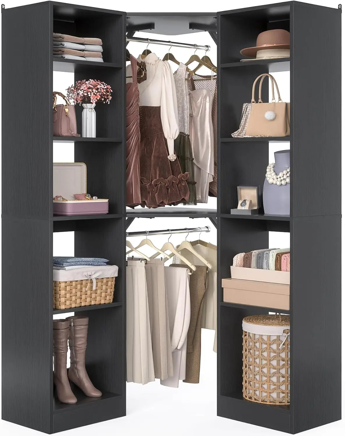Corner Closet System with 12 Shelves, 39.2" Corner Closet Organizer System with 2 Hanging Rods, Versatile 6-Tier,Customized