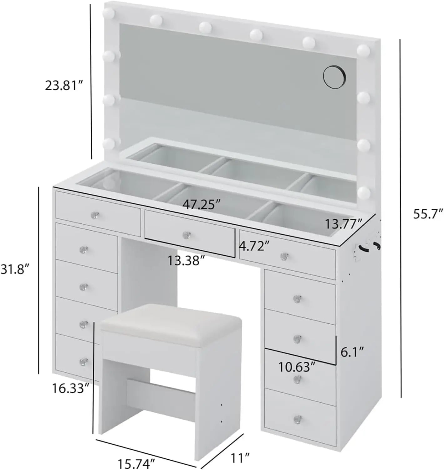 Makeup Vanity Desk with RGB Lights and Large 47.2’’ Mirror, 11 Drawers Makeup Vanity with Lighted Mirror, 3 Color Option, Bright