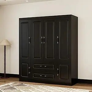Wooden Armoire Wardrobe Closet:Modern Armoire Wardrobe Closet with 4 Doors, 2 Drawers and Hanging Rods for Tall Cabinet, Large C