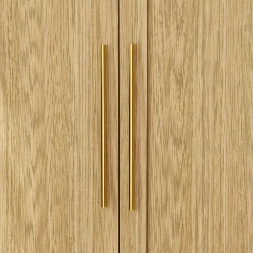 Wardrobe Closet with Mirror, 3 Door Wardrobe with Hanging Rod, 4 Drawers, Shelves, Modern Bedroom Armoire with Gold Handle, Oak