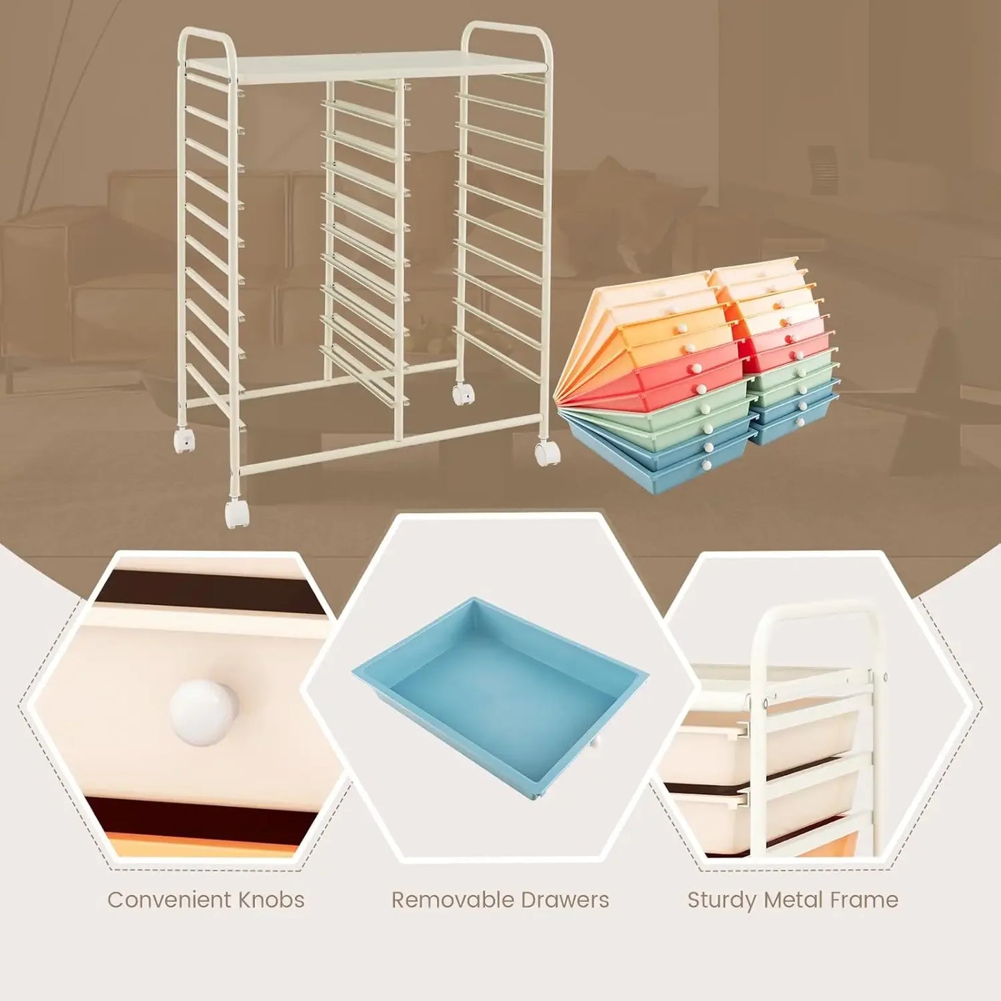 20-Drawer Rolling Storage Cart, Multifunctional Art Craft Organizer Cart, Mobile Utility Storage Cart with Removable Drawers