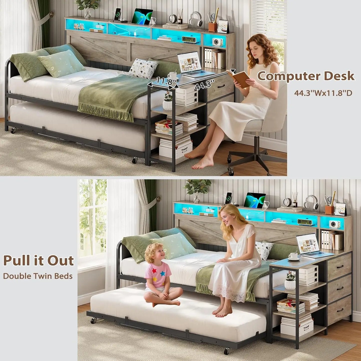 Daybed Twin with Pop Up Trundle, Farmhouse Wooden Day Bed Frame with 3 Storage Drawers and Shelves, Twin to King Daybedy