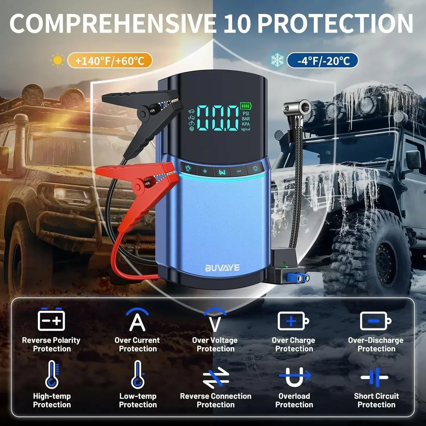 BUVAYE 4 in 1 Car Jump Starter Air Pump 150PSI Tyre Compressor 2000A Starter Device 12000mAh Power bank Digital Inflatable Pump