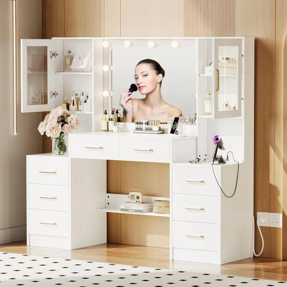 58.3" Vanity Desk with Mirror, Charging Station, 8 Drawers & 2 Cabinets - Large Makeup Dressing Table for Bedroom