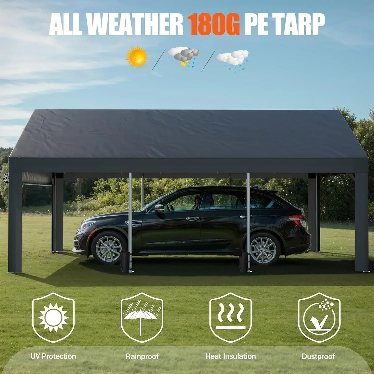 Carport, 12x20 ft Heavy Duty Carport with Roll-up Windows, Portable Garage with Removable Sidewalls & Doors, Car Canopy Car Boat