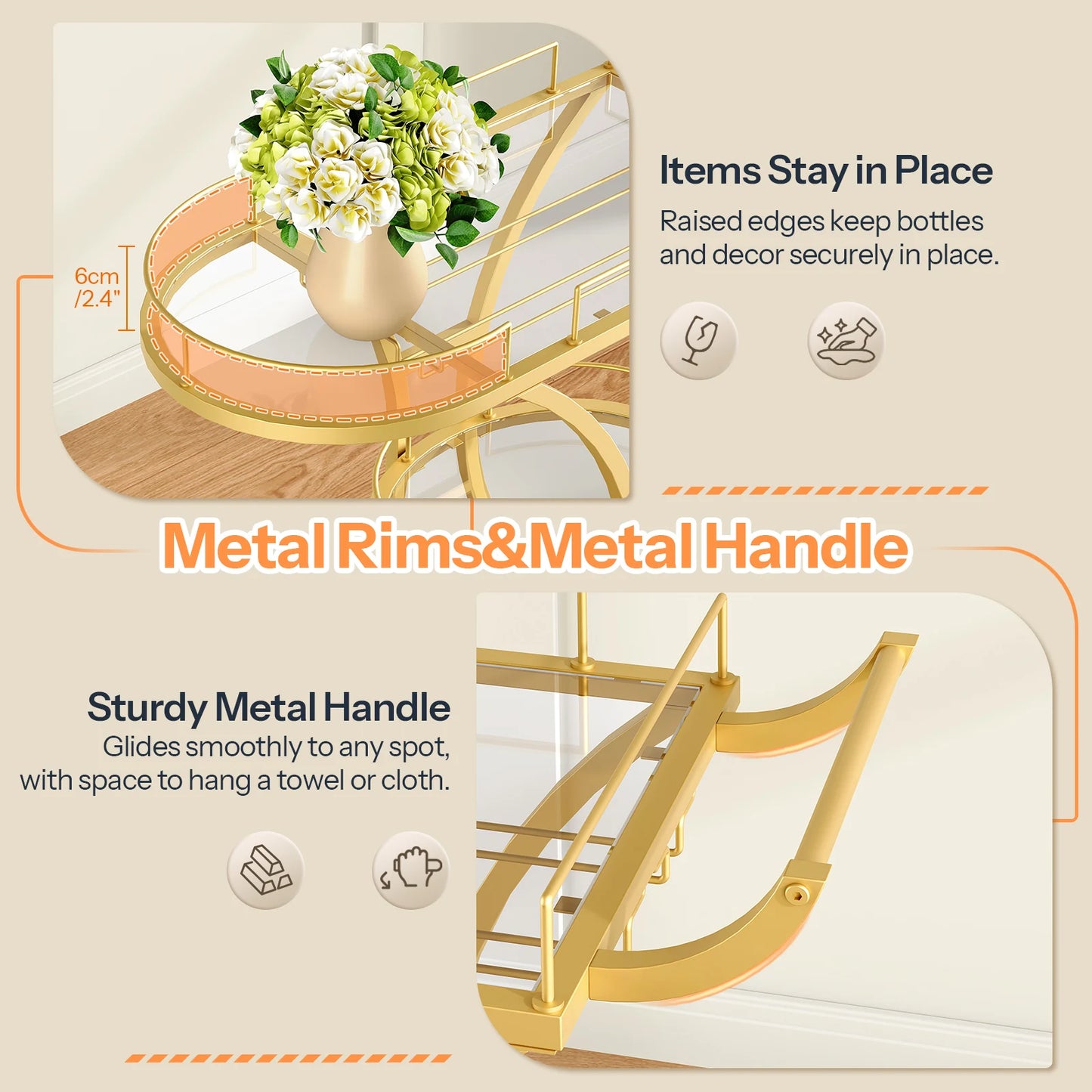 Gold Bar Cart with Wheels, 3-Tier Glass Shelves Serving Cart, Metal Rolling Kitchen Cart with Stemware Rack, Locking Casters, for Dining Room, Living Room, Gold