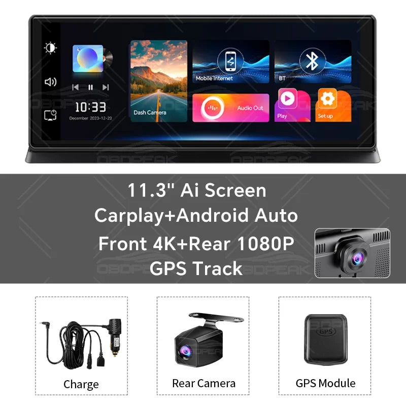 11.3 inch Car DVR 4K Dash Cam Dual Lens Wireless Carplay & Android Auto Video Recorder Monitor GPS Navigation 5G Wifi FM AUX