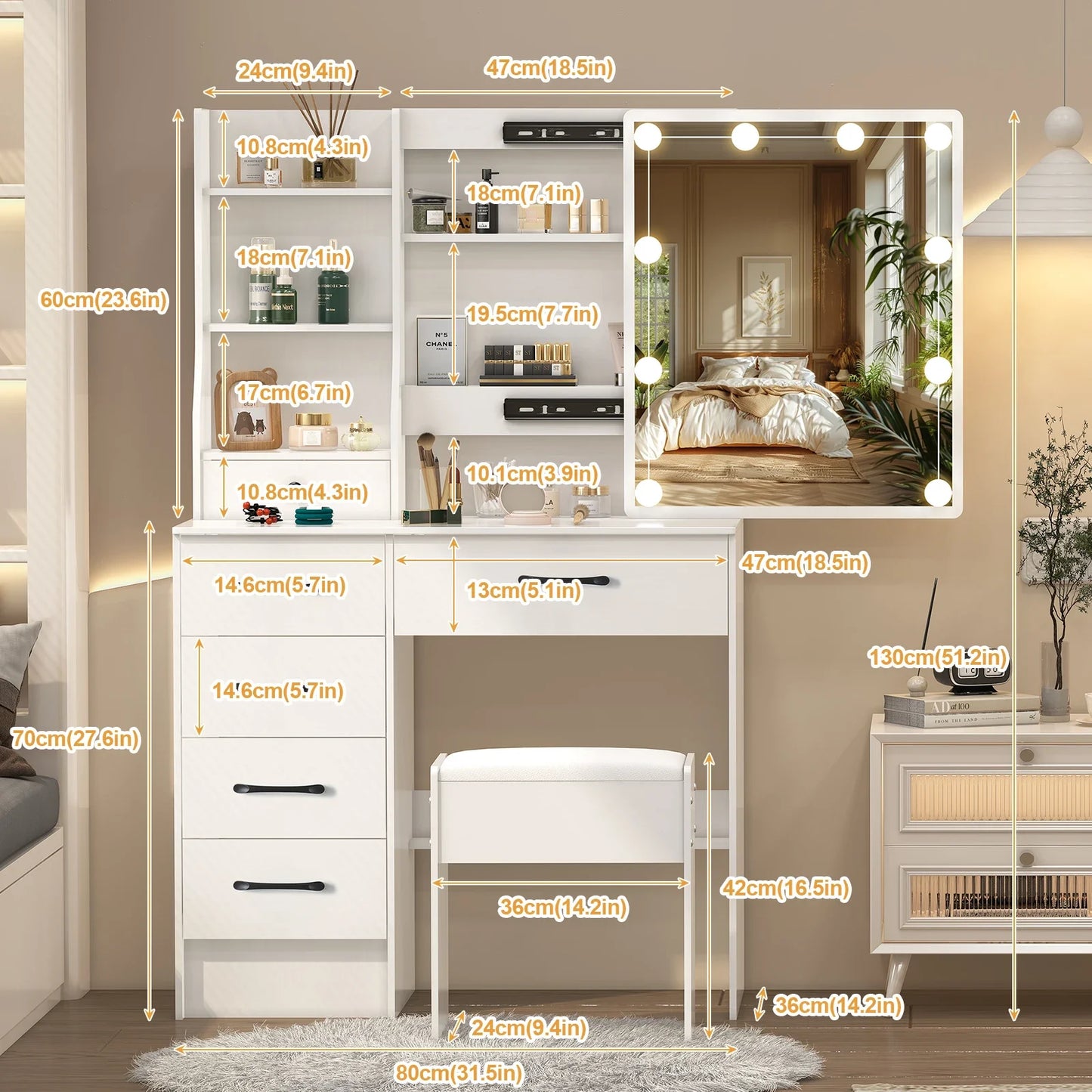 White Vanity Dressing Table Set with Sliding Mirror 6 Drawers LED Lights 3 Color Dimmable Stool Storage Makeup Desk for Bedroom