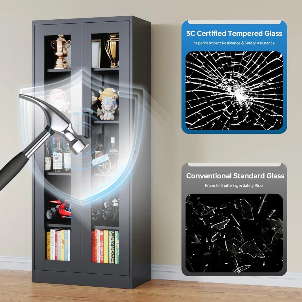 Display Storage Cabinet with Glass Door, 67 Inches Curio Cabinet with 4 Adjustable Shelves, HD&Tempered Glass Display Case for H