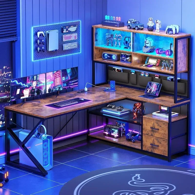 home.L Shaped Gaming Desk with LED Light new.L Shaped Computer Desk, Home Office Desk with 2 Drawer and Bookshelf,.new