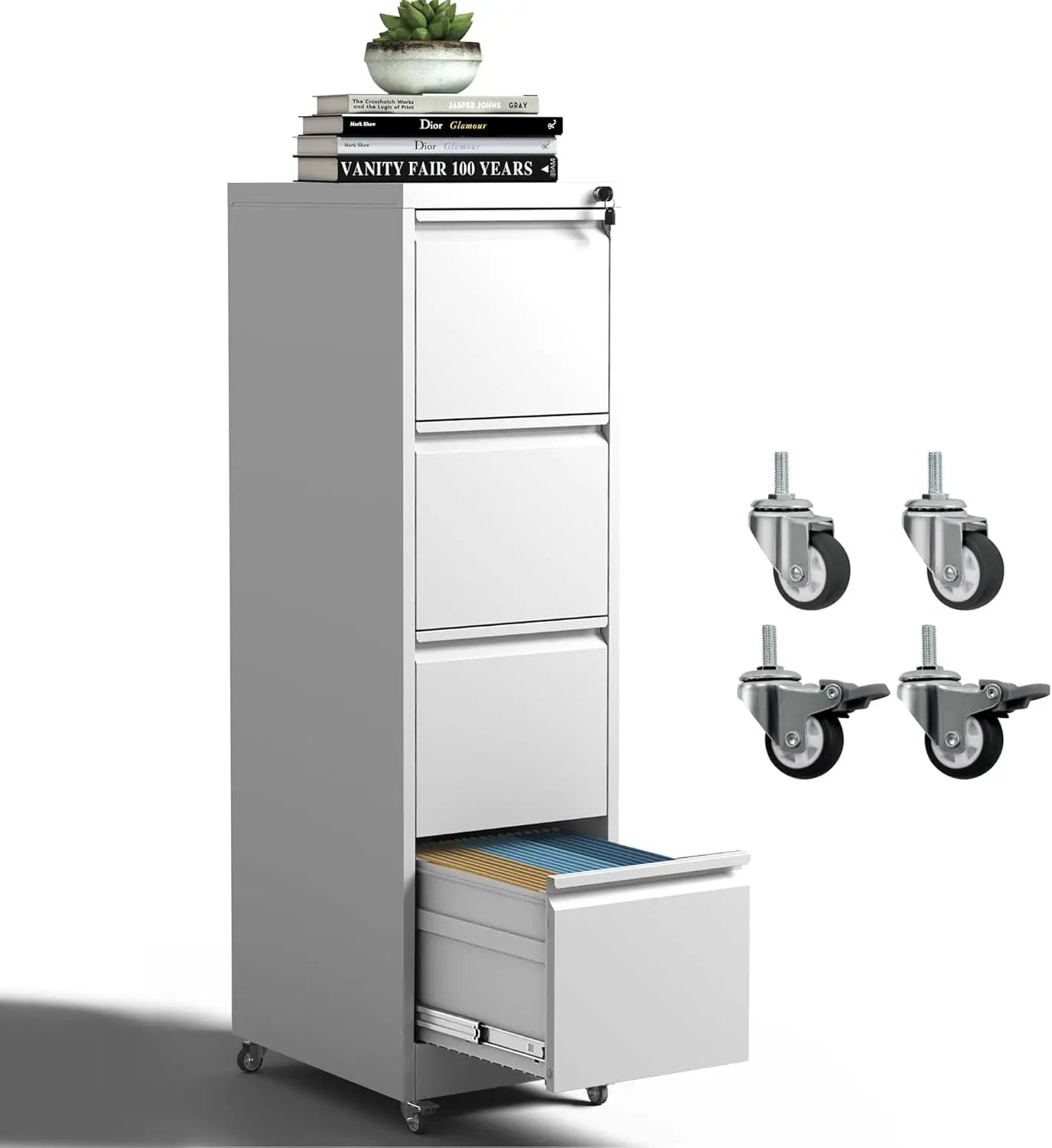 4 Drawer Mobile File Cabinet, Metal Filing Cabinet with Lock and Wheels, Home Office Rolling File Cabinets for Legal/Letter