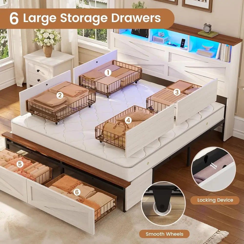 Queen Bed with 6 Drawers, Armhouse Bed with Barn Door and Storage, Wood Platform Bed Queen Size with Charging Station and LED Li