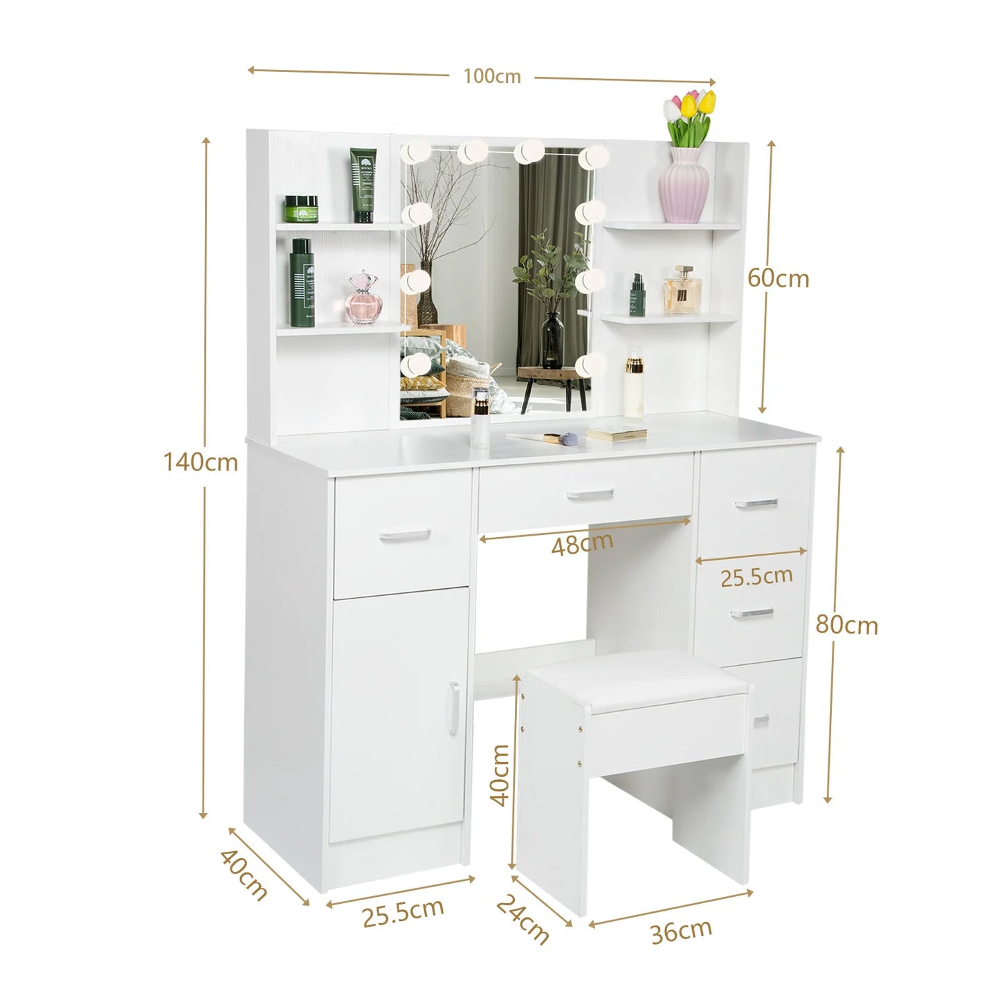 NEW White Vanity/Dressing Table With Adjustable Brightness 10 LED Lights Mirror and Stool 6 Drawers Vanity Makeup Desk bedroom