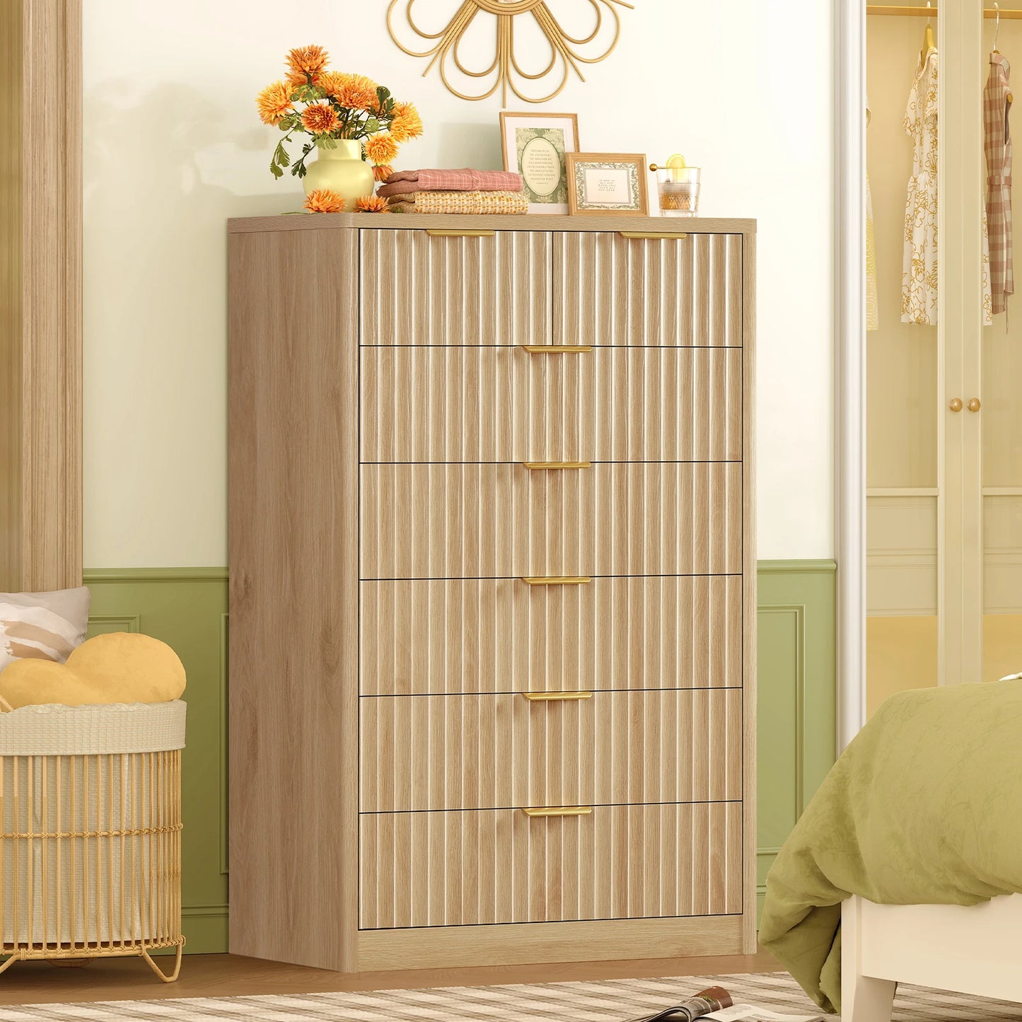 48" Tall Dresser for Bedroom with 7 Drawers, Dressers & Chests of Drawers with Metal Handle, Fluted Dresser, Wood Closet Clothes