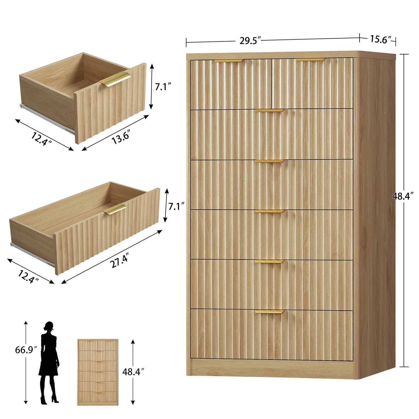 48" Tall Dresser for Bedroom with 7 Drawers, Dressers & Chests of Drawers with Metal Handle, Fluted Dresser, Wood Closet Clothes