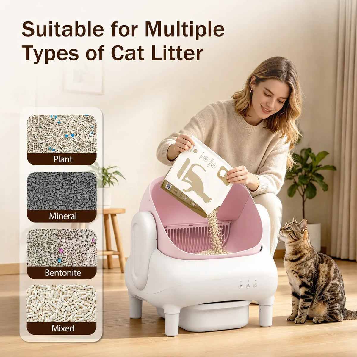 Cumrige Pink & Cream Beige Smart Self‑Cleaning Cat Litter Box, WiFi APP Remote Monitor Automatic Cat Toilet, Anti‑Pinch Safety Odor Isolation with Cleaning Brush & Waste Bags for Large Multi‑Cat Household