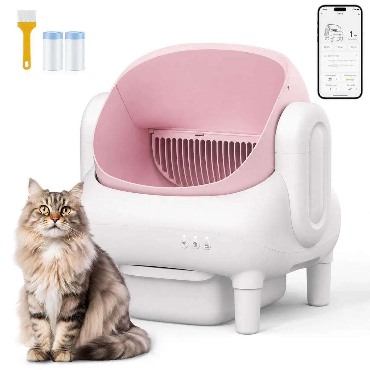 Cumrige Pink & Cream Beige Smart Self‑Cleaning Cat Litter Box, WiFi APP Remote Monitor Automatic Cat Toilet, Anti‑Pinch Safety Odor Isolation with Cleaning Brush & Waste Bags for Large Multi‑Cat Household