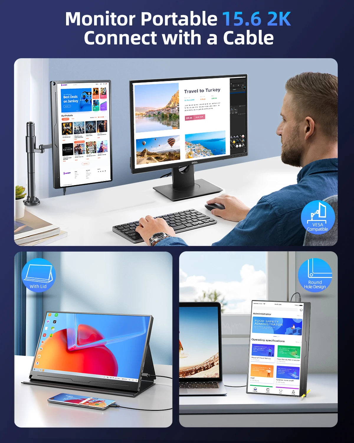 UPERFECT 2K Portable Monitor 16'' 60Hz LCD Gaming Display 2560x1600 QHD Travel Laptop IPS USB C Computer External Second Screen