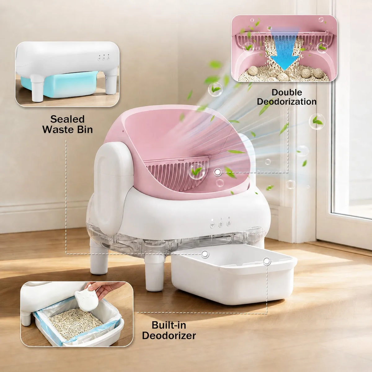 Cumrige Pink & Cream Beige Smart Self‑Cleaning Cat Litter Box, WiFi APP Remote Monitor Automatic Cat Toilet, Anti‑Pinch Safety Odor Isolation with Cleaning Brush & Waste Bags for Large Multi‑Cat Household