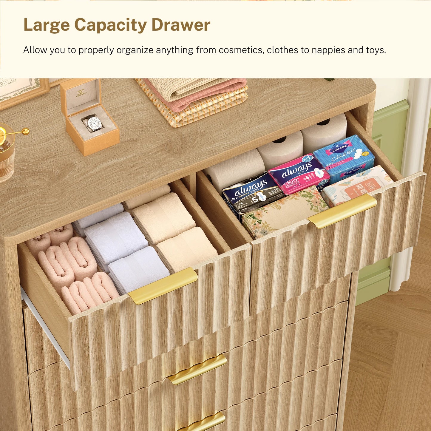 48" Tall Dresser for Bedroom with 7 Drawers, Dressers & Chests of Drawers with Metal Handle, Fluted Dresser, Wood Closet Clothes