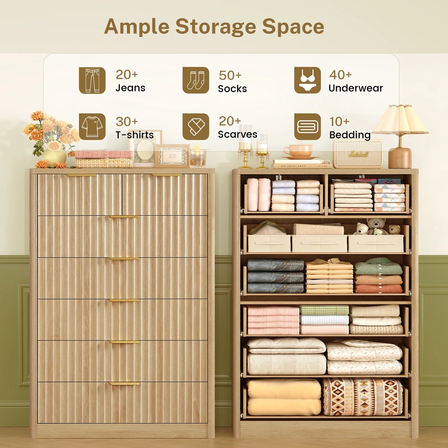 48" Tall Dresser for Bedroom with 7 Drawers, Dressers & Chests of Drawers with Metal Handle, Fluted Dresser, Wood Closet Clothes