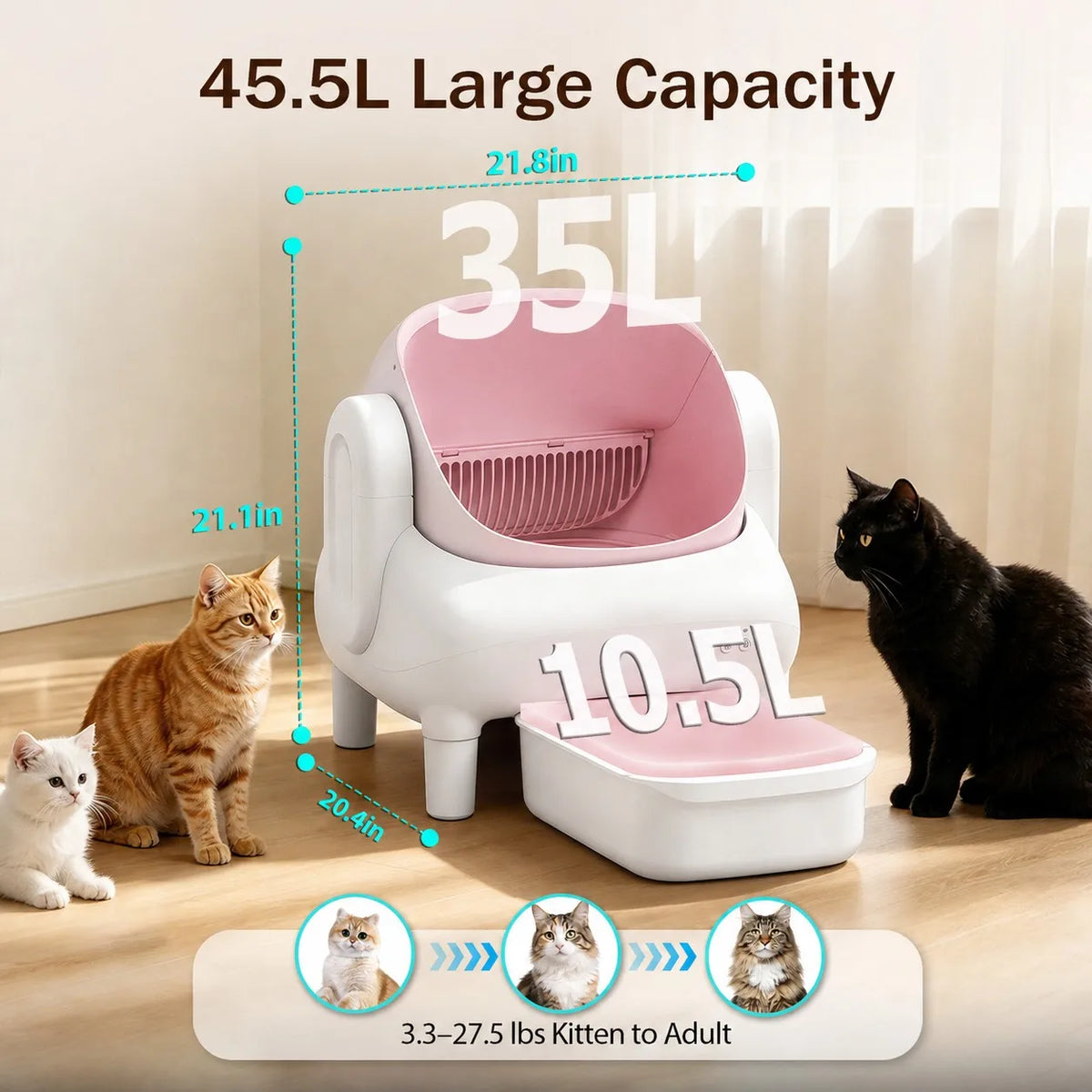 Cumrige Pink & Cream Beige Smart Self‑Cleaning Cat Litter Box, WiFi APP Remote Monitor Automatic Cat Toilet, Anti‑Pinch Safety Odor Isolation with Cleaning Brush & Waste Bags for Large Multi‑Cat Household