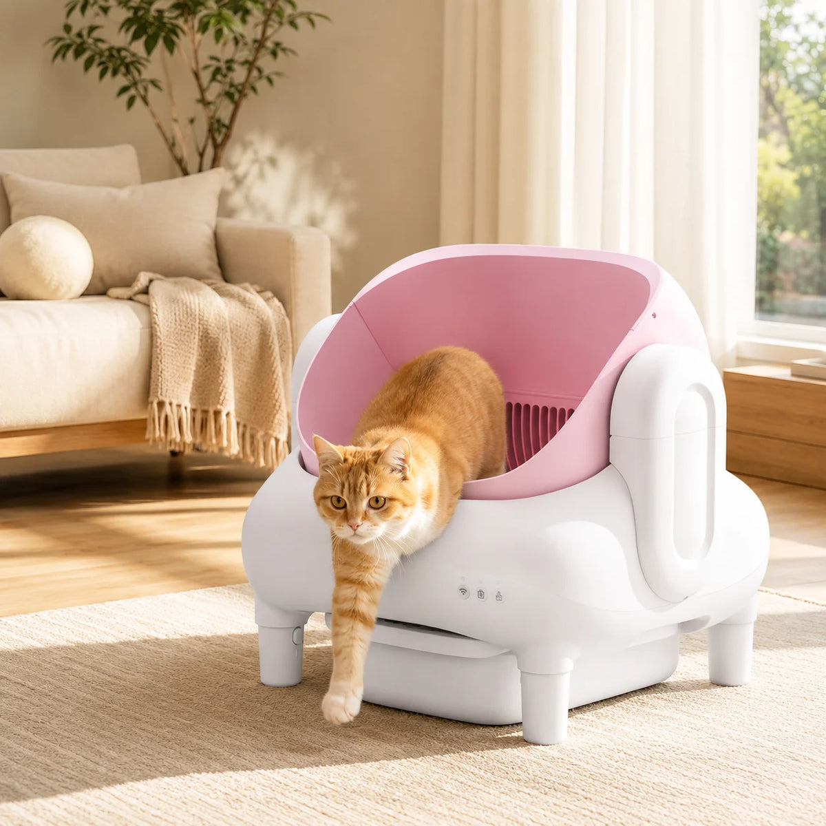 Cumrige Pink & Cream Beige Smart Self‑Cleaning Cat Litter Box, WiFi APP Remote Monitor Automatic Cat Toilet, Anti‑Pinch Safety Odor Isolation with Cleaning Brush & Waste Bags for Large Multi‑Cat Household