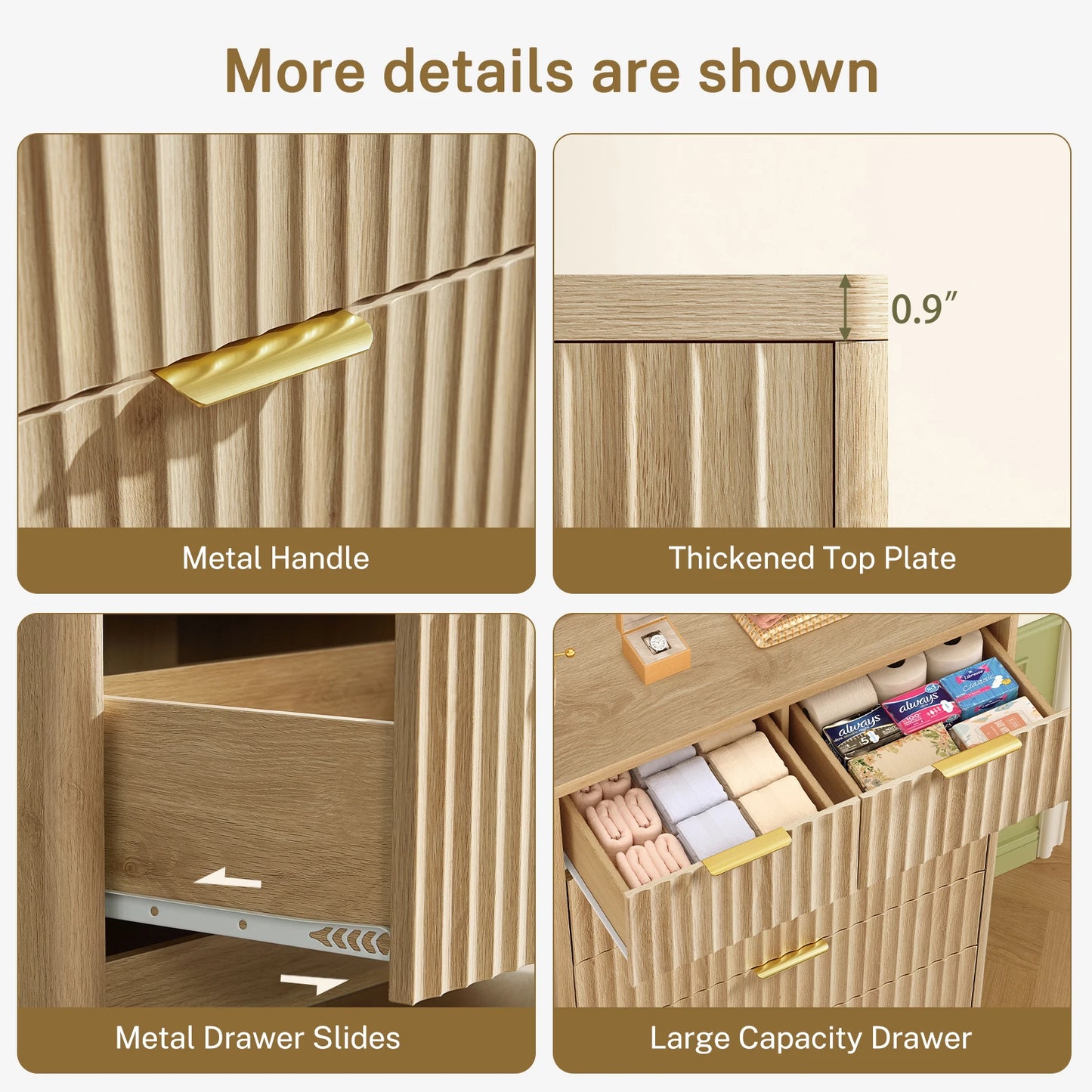 48" Tall Dresser for Bedroom with 7 Drawers, Dressers & Chests of Drawers with Metal Handle, Fluted Dresser, Wood Closet Clothes