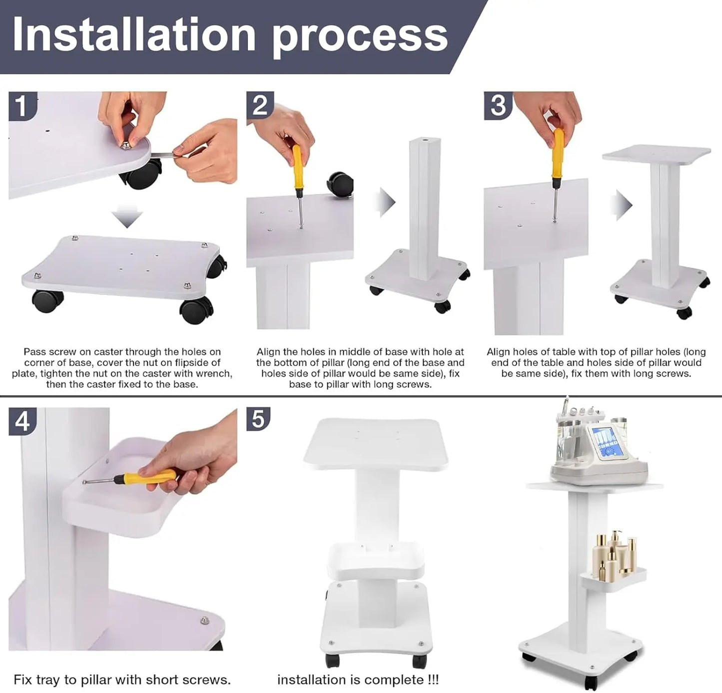 Beauty Salon Trolley Cart with Wheels, 3 Tier Beauty Rolling Cart, Rotate Adjustable Tattoo Table Salon Spa Rolling Trolly
