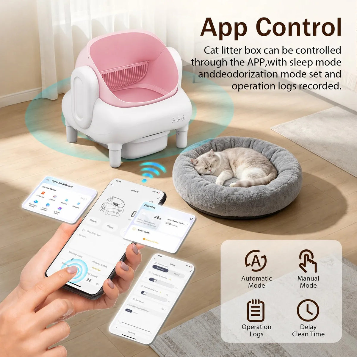 Cumrige Pink & Cream Beige Smart Self‑Cleaning Cat Litter Box, WiFi APP Remote Monitor Automatic Cat Toilet, Anti‑Pinch Safety Odor Isolation with Cleaning Brush & Waste Bags for Large Multi‑Cat Household