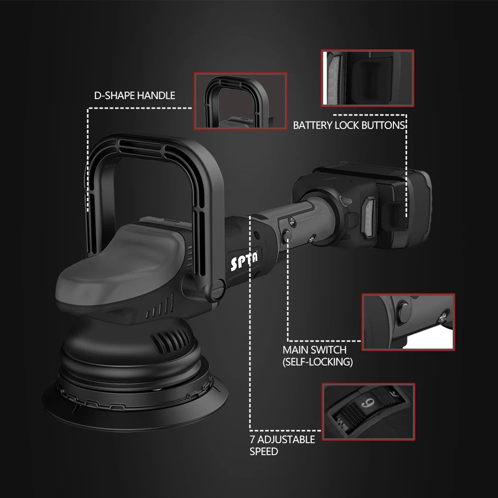 SPTA 18V 5Inch Cordless Car Polisher Dual Action 15mm Orbit  Variable Speed Polishing Machine With 4000mAh Battery