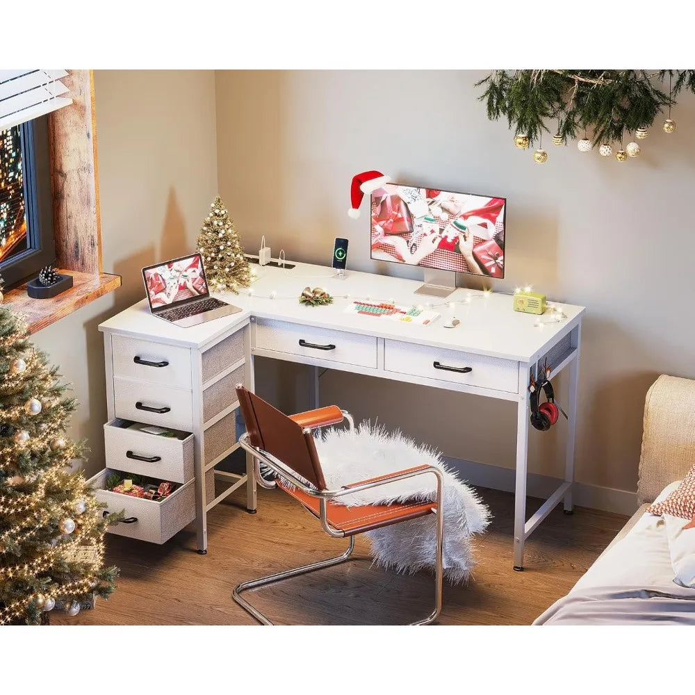 42 Inch L Shaped Desk with Drawers, Computer Desk with Power Outlets, Home Office Desk with 6 Drawers