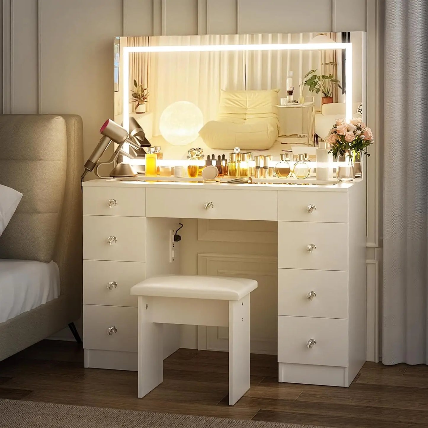 Glass Top Vanity Desk Lighted Mirror Power Outlet 9 Drawers 3 Color Lighting Adjustable Brightness Cushioned Stool 43 Customized