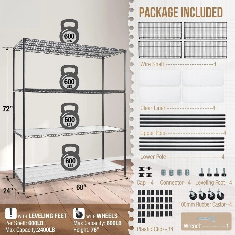 Commercial Grade Heavy Duty Wire Shelving w/Wheels, Leveling Feet & Liners, Storage Metal Shelf, Garage Shelving Storage