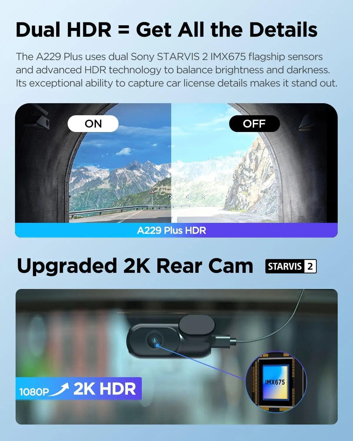 A229 Plus Dash Cam Front and Rear, Dual STARVIS 2 Sensors, 2 Channel HDR, 1440P+1440P Voice Control Car Dash Camera, 5GHz