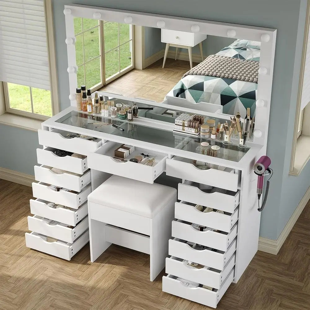 White Makeup Vanity Desk with Mirror, Lights, and Charging Station, 15 Drawers, Bedroom Vanity Set with Chair