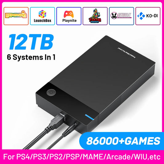 12T Gaming HDD with Hyperspin Launchbox Retrobat Playnite Super Console For PS3/PS2/PSP/WII/WIIU/DC with 86000+ Retro Vidoe Game