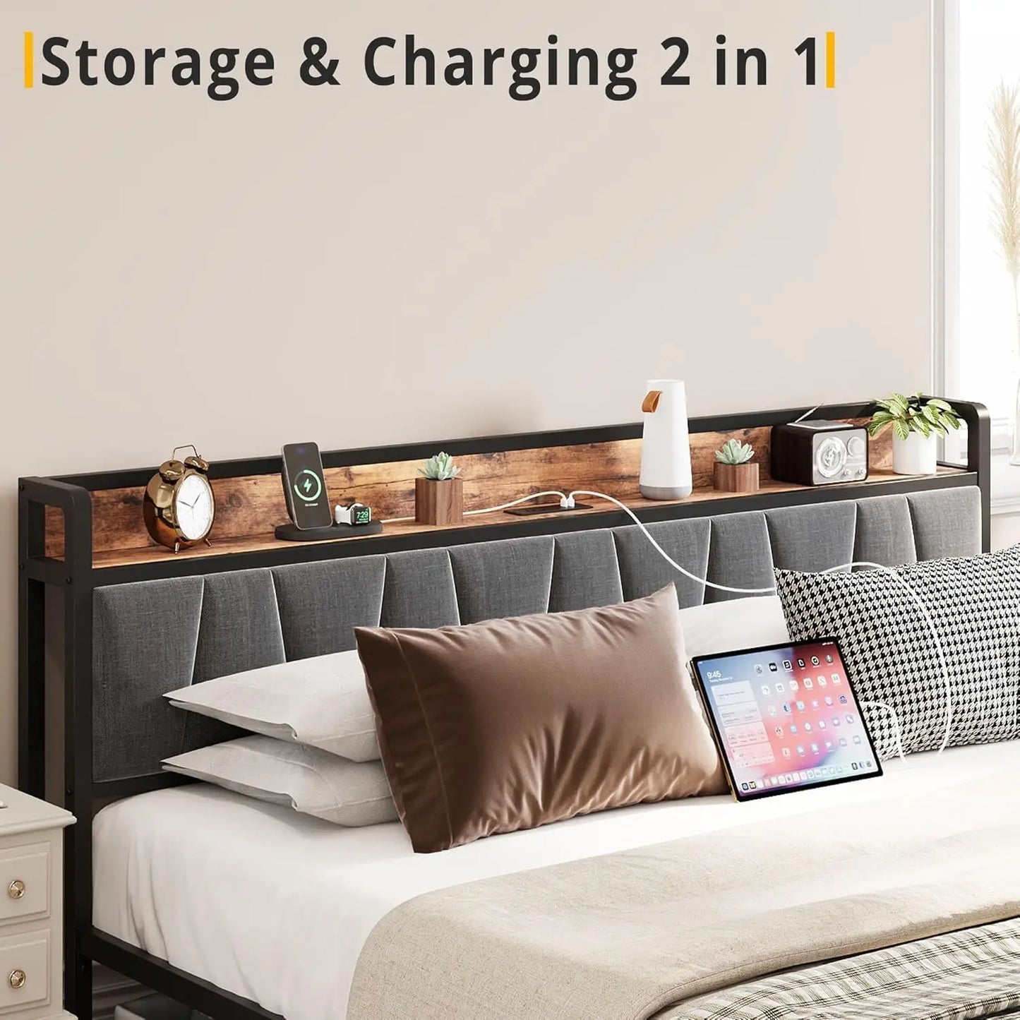 King Size Platform Bed Frame with Storage Headboard, Charging Station, Drawers, Easy Assembly in Industrial Brown and Gray