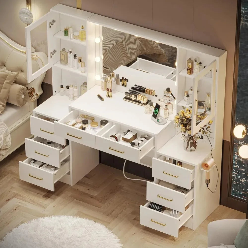 58.3" Vanity Desk with Mirror, Charging Station, 8 Drawers & 2 Cabinets - Large Makeup Dressing Table for Bedroom