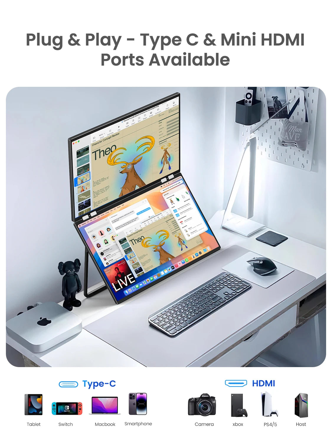 UPERFECT 23.8" Dual Monitor 100Hz USB-C HDMI Portable Gaming Display Laptop Extender Screen 1080P HDR For Wins Mac Android IOS