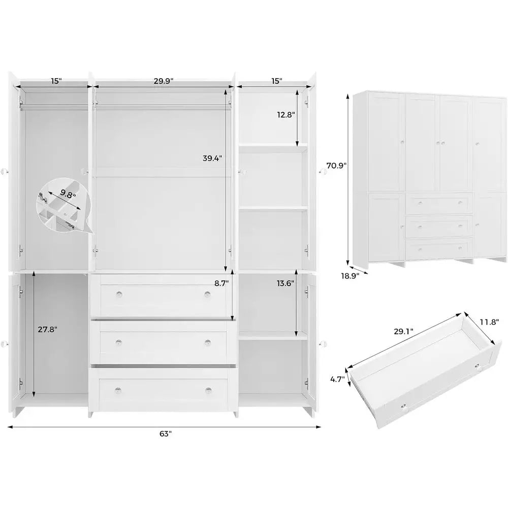 Armoire Wardrobe Closet with Ders and Mirror, 71" Clothing Storage Cabinet with Hanging Rod, 6 DoWooden Wardrobe Cabinet or Bedr