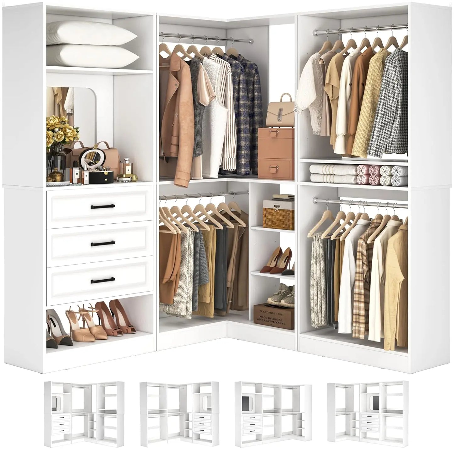 86in Corner Closet Organizer Wood with Drawers Mirror Rods Shelves Walk-in, Customized