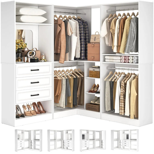 86in Corner Closet Organizer Wood with Drawers Mirror Rods Shelves Walk-in, Customized